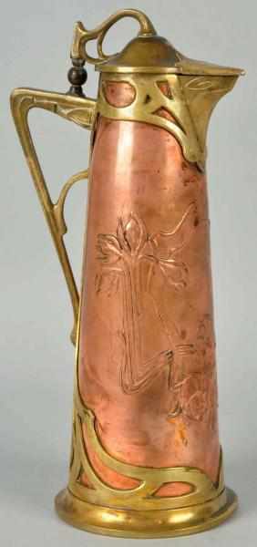 Appraisal: Art Nouveau Copper Brass Lidded Pitcher Hammered floral motif Lid