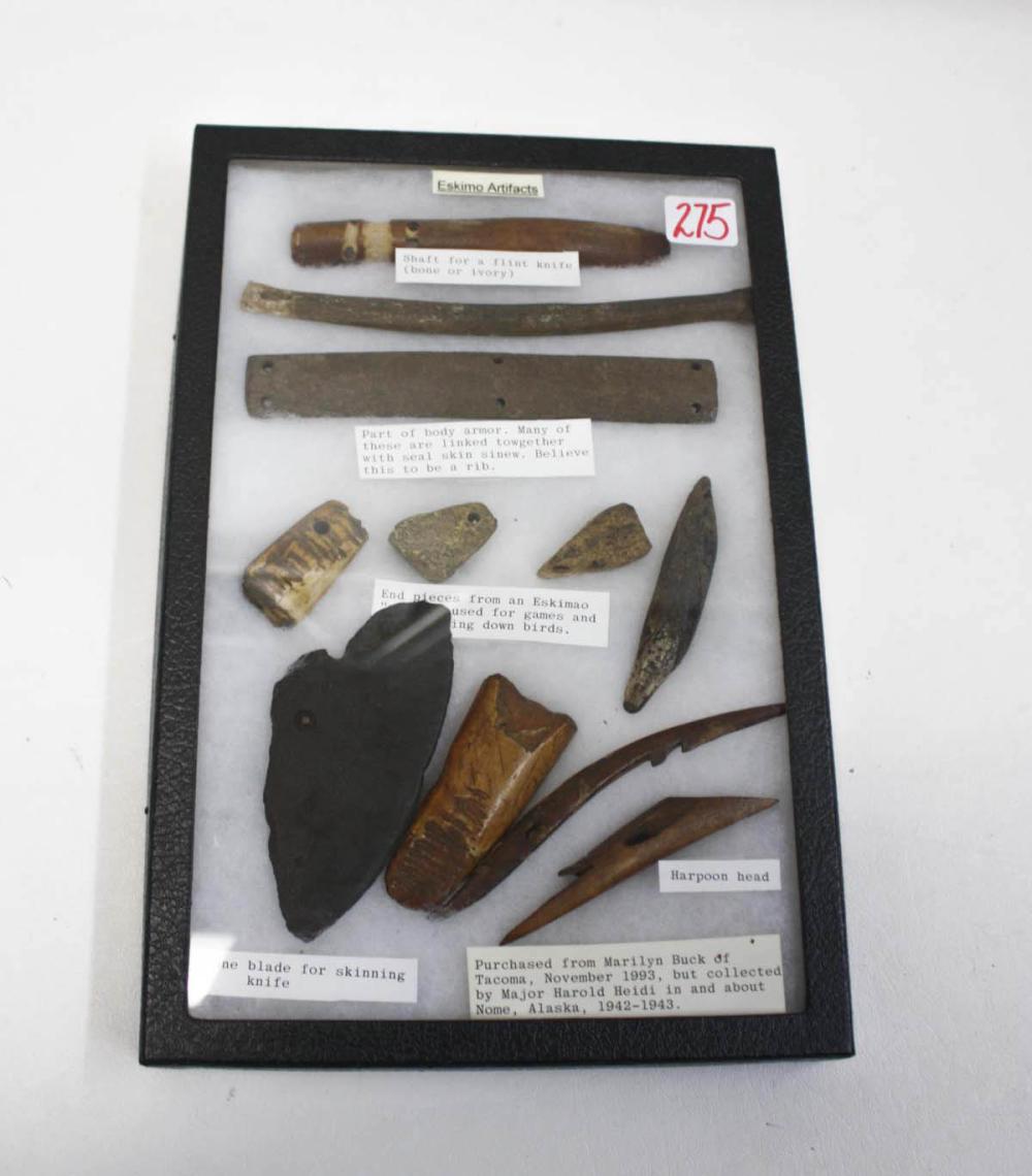 Appraisal: CASED COLLECTION OF ESKIMO ARTIFACTS pieces collected from Alaska -