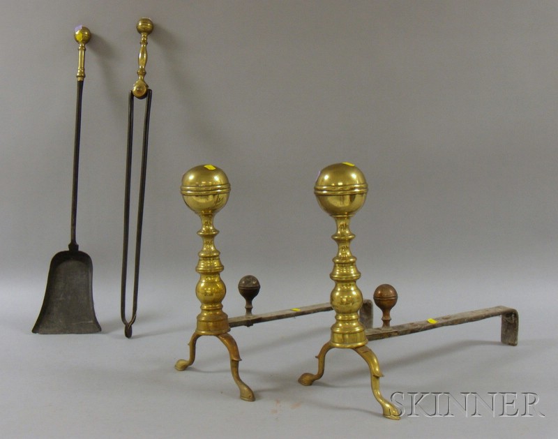 Appraisal: Pair of Brass Belted Ball-top Andirons with Matching Hearth Shovel