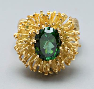 Appraisal: Lady's green tourmaline ring kt yellow gold sea urchin motif