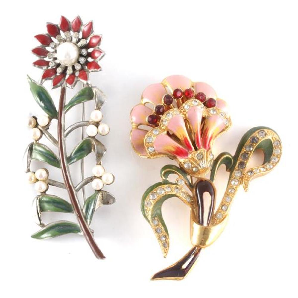 Appraisal: CORO ENAMEL FLORAL PIN BROOCH WITH MOVABLE RED JEWEL STAMENS