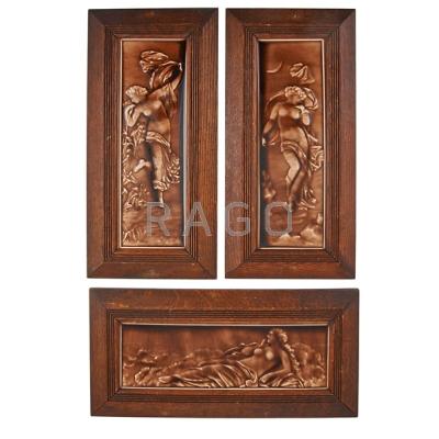 Appraisal: ART NOUVEAU ART TILES Three with figures in bas-relief th