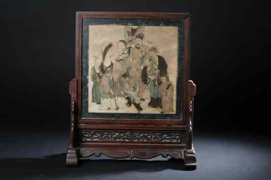 Appraisal: CHINESE SOAPSTONE TABLE SCREEN Painted to depict figures and fan