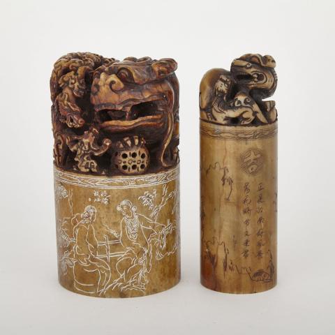 Appraisal: Two Hardstone Seals Each of cylindrical form with carved dragons