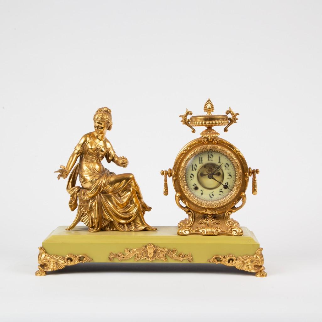 Appraisal: A NEW HAVEN FLOWER GIRL STATUE CLOCK Gold finished spelter