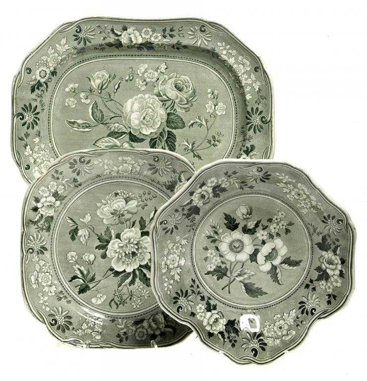 Appraisal: THREE SPODE GREEN PRINTED EARTHENWARE BOTANICAL SERIES DISHES of Double