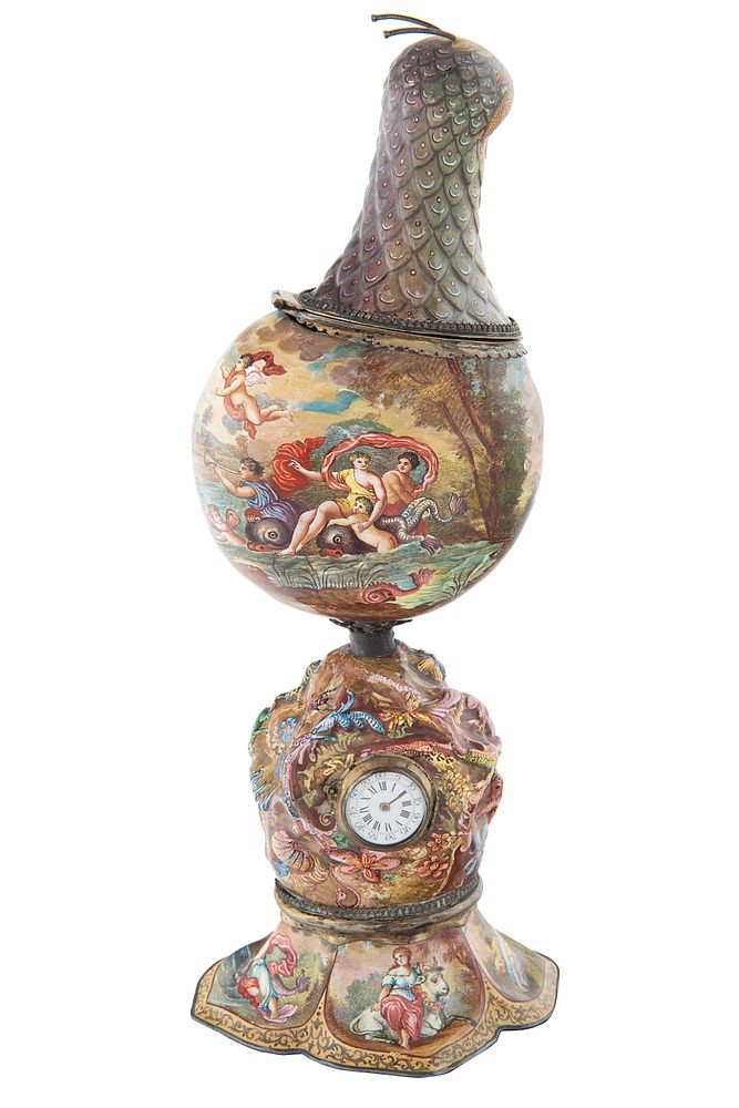 Appraisal: AN AUSTRIAN ENAMEL VESSEL WITH CLOCK LATE TH CENTURY AN