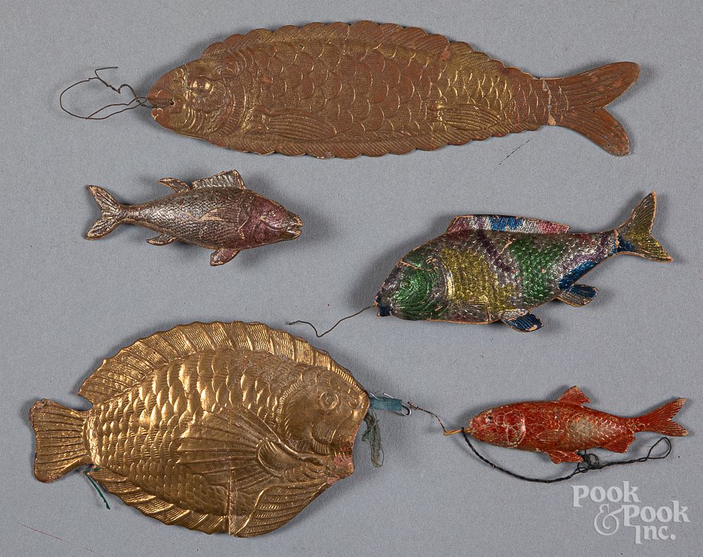 Appraisal: Five Dresden fish Christmas ornaments Five Dresden fish Christmas ornaments