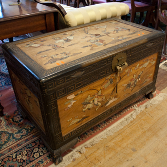 Appraisal: ORIENTAL CAMPHORWOOD TRUNK WITH SOAP STONE INLAY