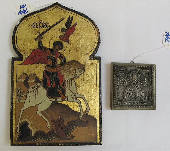 Appraisal: TWO RUSSIAN ICONS the first hand painted on wood St