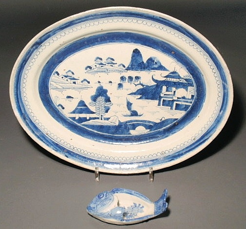 Appraisal: Blue and white Canton oval platter x and a fish