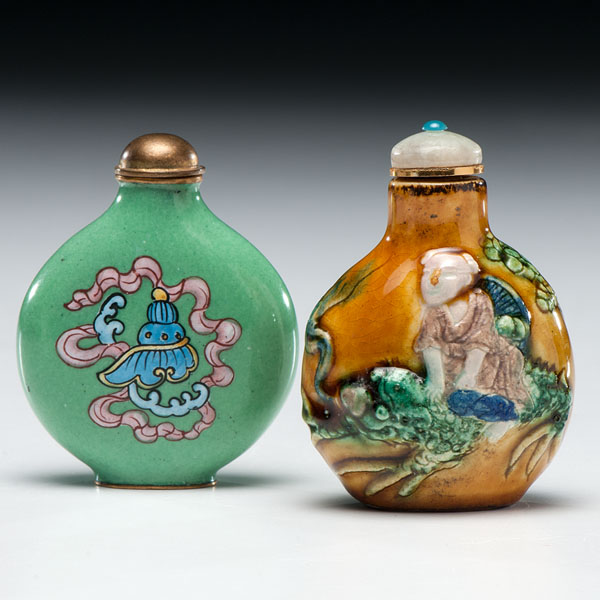 Appraisal: Chinese th century Two snuff bottles in archaic style one