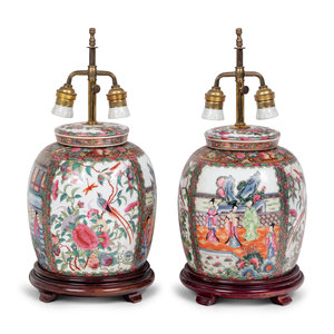 Appraisal: A Pair of Rose Medallion Porcelain Jars Mounted as Lamps