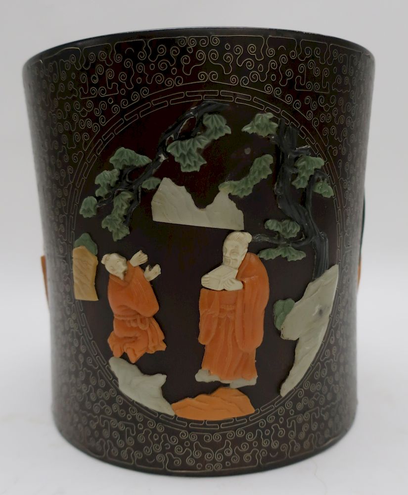 Appraisal: Chinese Wire Inlaid Soapstone Mounted Brush Pot H x diam