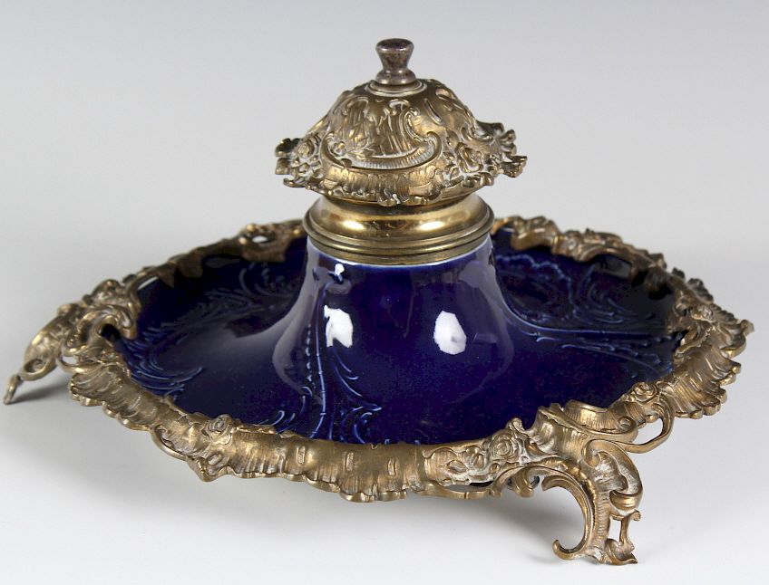 Appraisal: Old French Sevres Style Bronze Porcelain Inkwell Antique French bronze