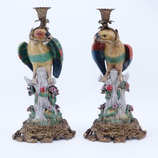 Appraisal: Pair of Modern Meissen Style Bronze Mounted Porcelain Bird Candleholders