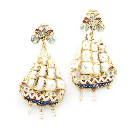 Appraisal: Pair of Gold Enamel and Freshwater Pearl Pendant-Earrings Estimate -