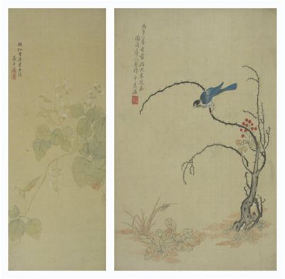 Appraisal: Two Chinese paintings on silk one of a praying mantis