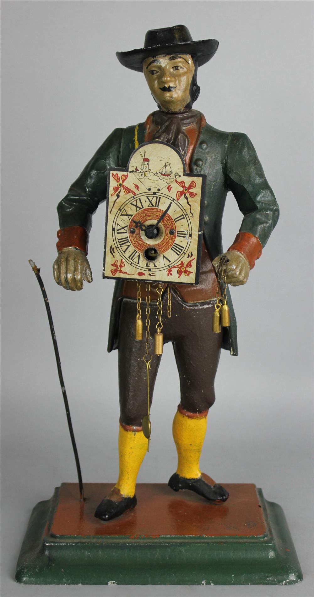 Appraisal: CONTINENTAL PAINTED AND CAST METAL FIGURAL CLOCK circa possibly Dutch