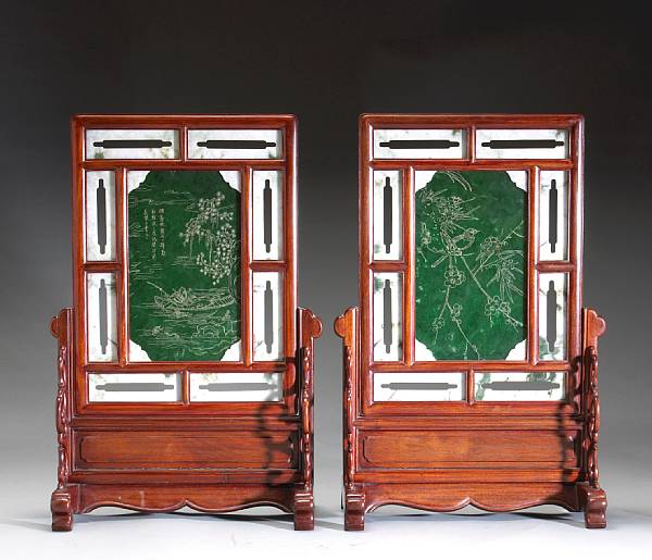 Appraisal: A pair of 'spinach' jade and jadeite-mounted table screens th