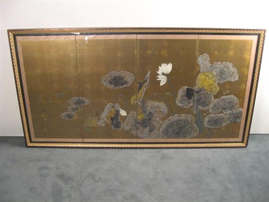 Appraisal: Framed Four-panel Japanese Screen of Water Lilies H W