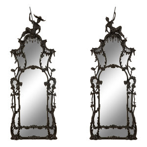 Appraisal: A Pair of Chinese Chippendale Style Black Painted Pier Mirrors