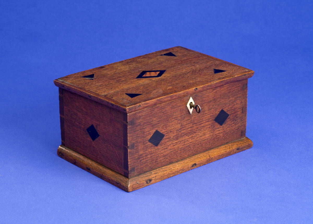 Appraisal: SAILOR'S DOVETAILED OAK VALUABLES BOX WITH EBONY INLAYS AND BONE