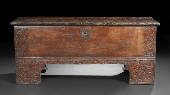 Appraisal: Continental Oak and Fruitwood Coffer late th century the hinged