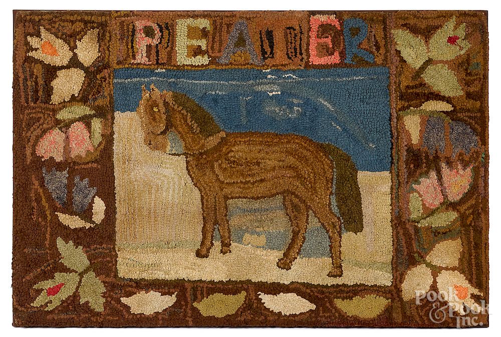 Appraisal: American hooked rug of a horse American hooked rug of