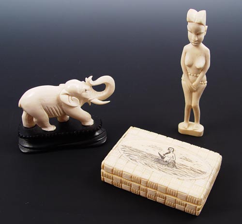 Appraisal: CARVED IVORY BOX ELEPHANT AFRICAN FIGURE To include Carved box