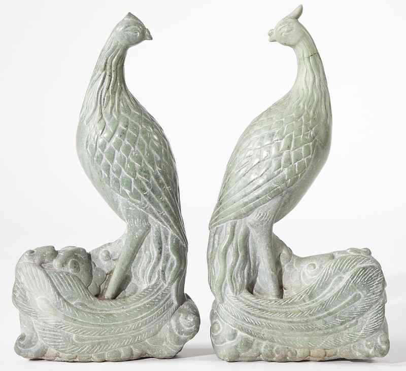 Appraisal: Pair of Chinese Stone Phoenix Birdshand-carved from a pale green