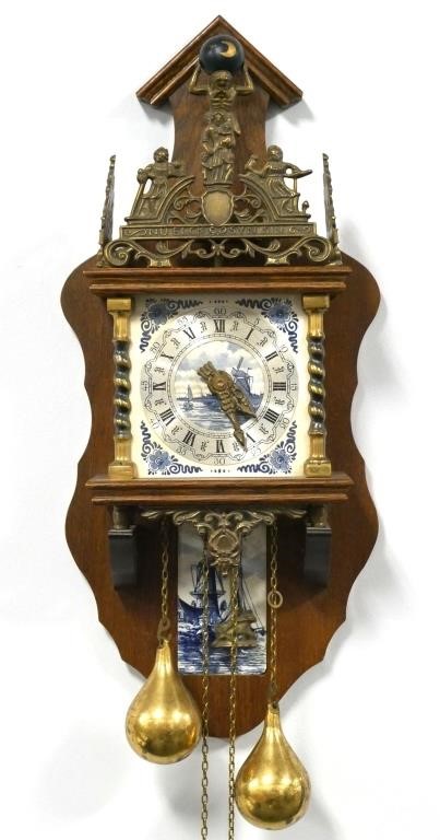 Appraisal: Wood Dutch wall clock with Delft ceramic details around clock