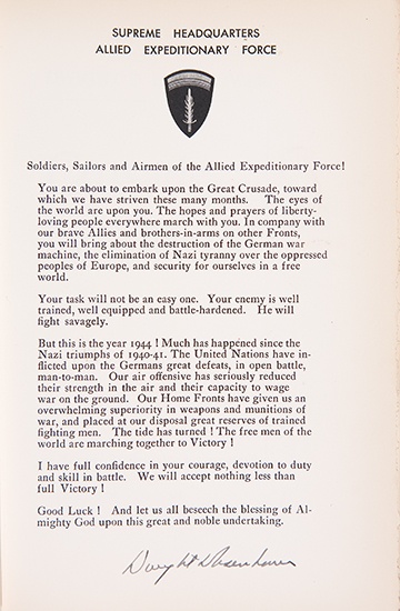 Appraisal: WITH THE SIGNED D-DAY ORDER EISENHOWER DWIGHT D Crusade in