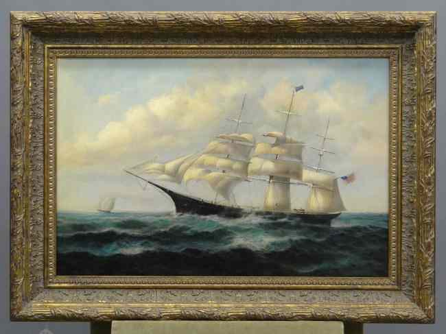 Appraisal: Contemporary oil on canvas ship with American flags Site ''