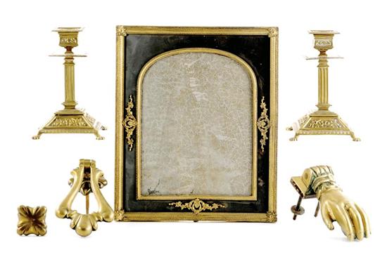 Appraisal: Collection of brass objects picture frame H W hand-form door