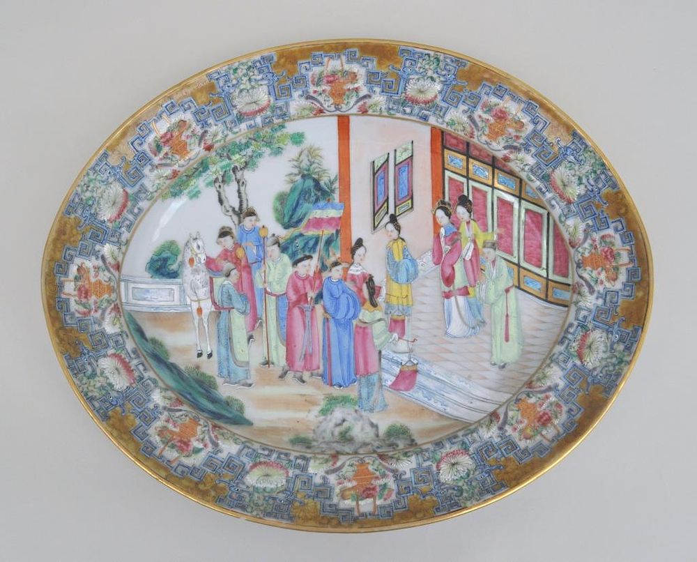 Appraisal: Chinese Porcelain Rose Mandarin Oval Bowl with scene of horse