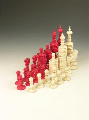 Appraisal: An English turned bone chess set natural and stained red