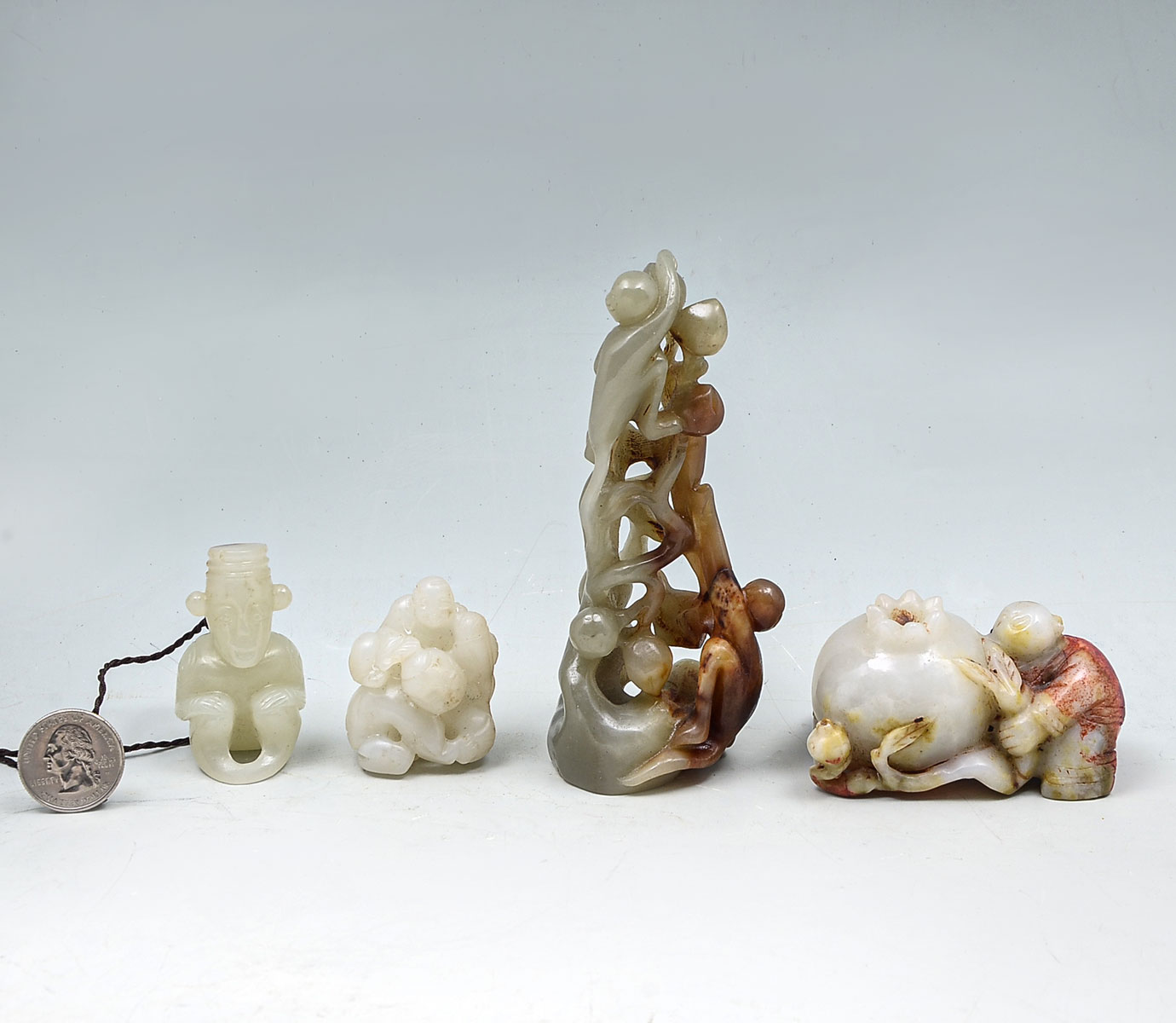 Appraisal: PC CARVED CHINESE JADE FIGURES Comprising - Pierced Peach tree