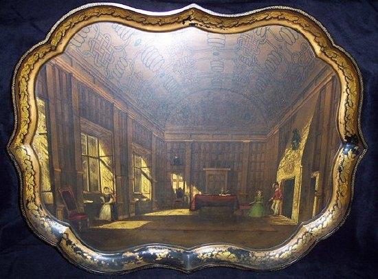 Appraisal: A th Century papier-m ch tray painted an interior scene