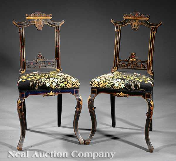 Appraisal: A Pair of Antique Continental Chinoiserie-Decorated Side Chairs late th