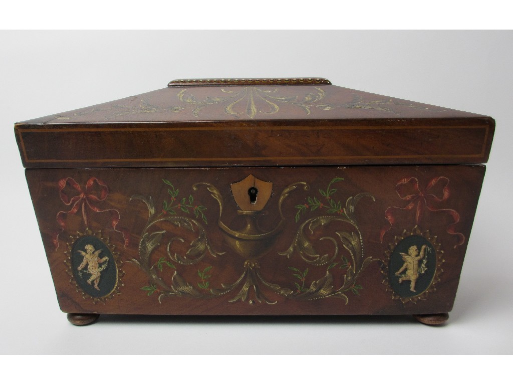 Appraisal: A George III mahogany and painted tea caddy the hinged