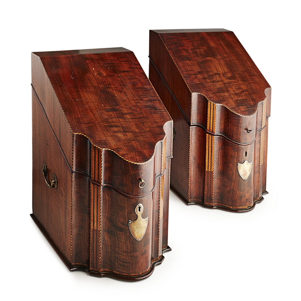 Appraisal: PAIR OF GEORGE III MAHOGANY KNIFE BOXES LATE TH CENTURY