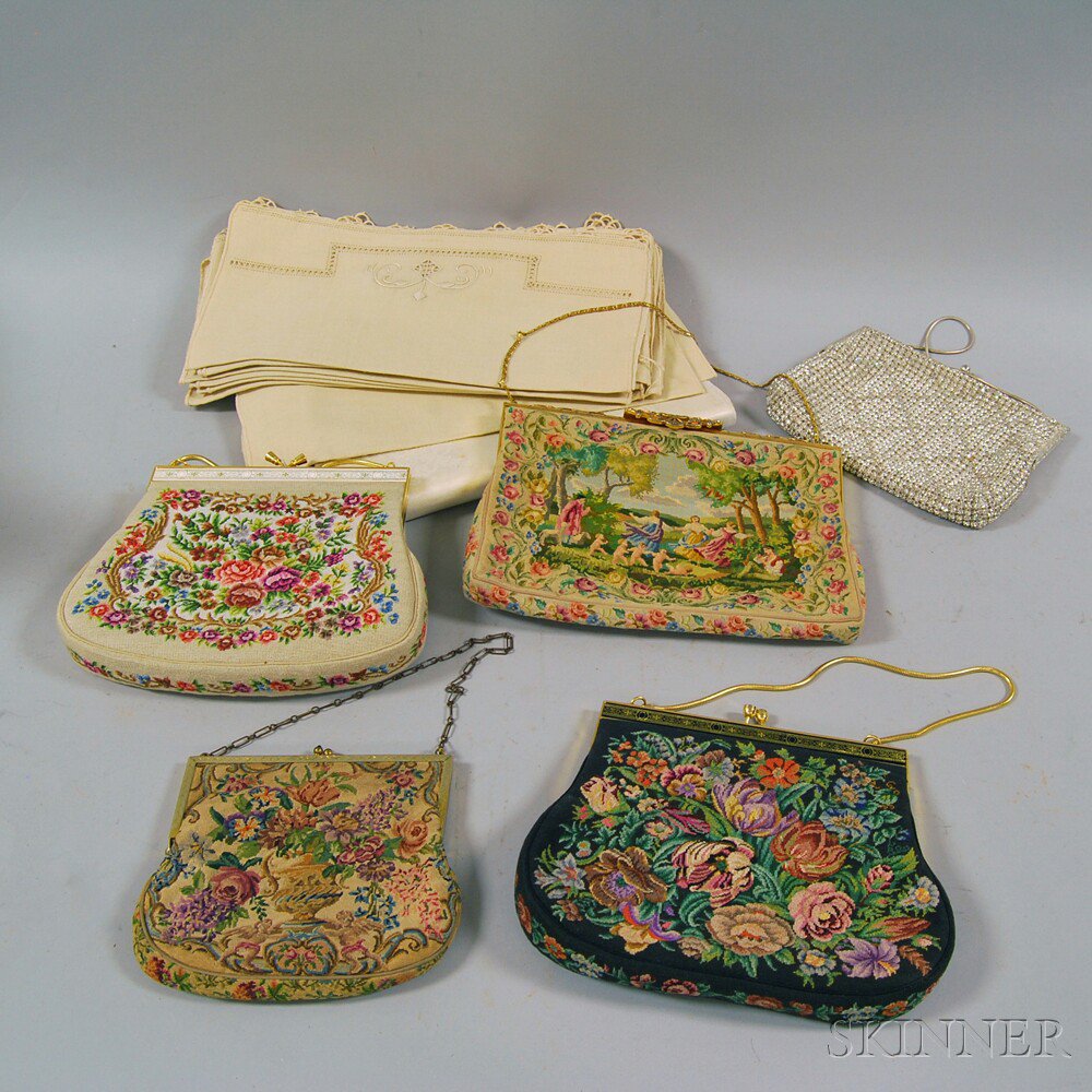 Appraisal: Five Vintage Handbags and Linens including four floral needlepoint bags