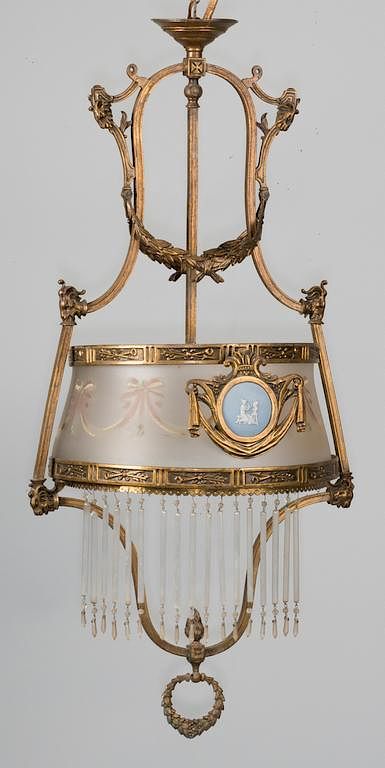 Appraisal: Regency Gilt Bronze Chandelier w Wedgwood Plaques English Regency-style gilt