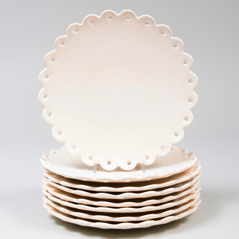 Appraisal: Set of Eight French Cream Glazed Scalloped Plates Black printed