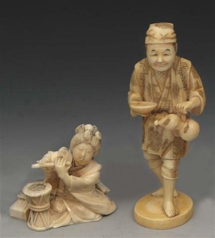 Appraisal: A JAPANESE CARVED IVORY FIGURE of a girl playing a