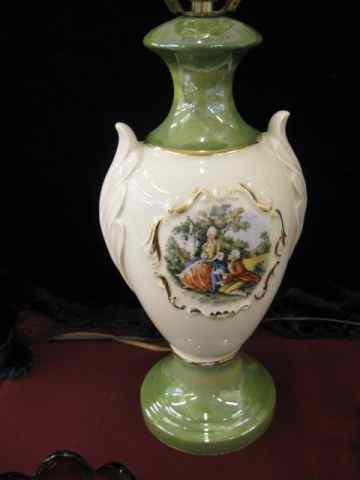 Appraisal: Pair of Porcelain Table Lamps courting scene luster finish green