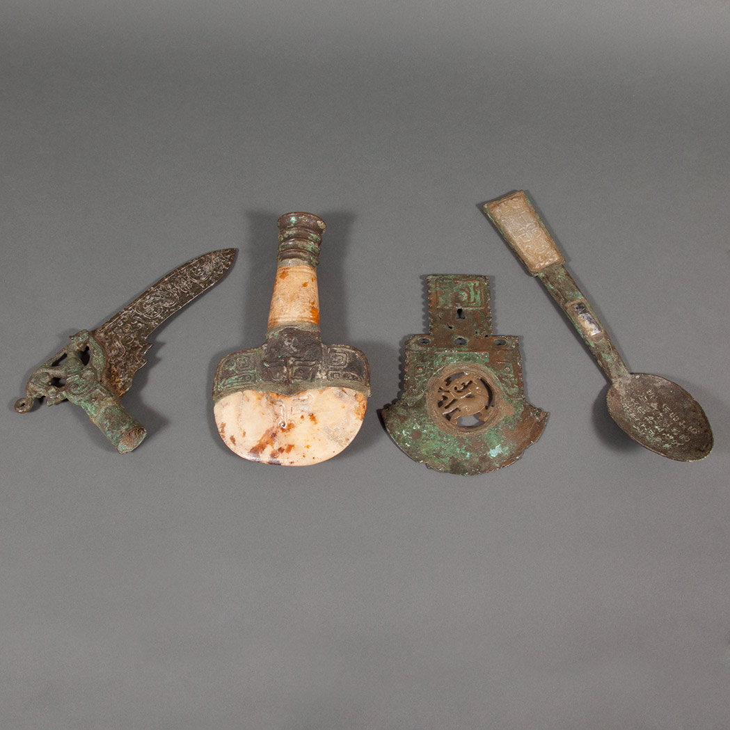 Appraisal: Group of Four Chinese Jade Inlaid Bronze Archaic Style Ritual