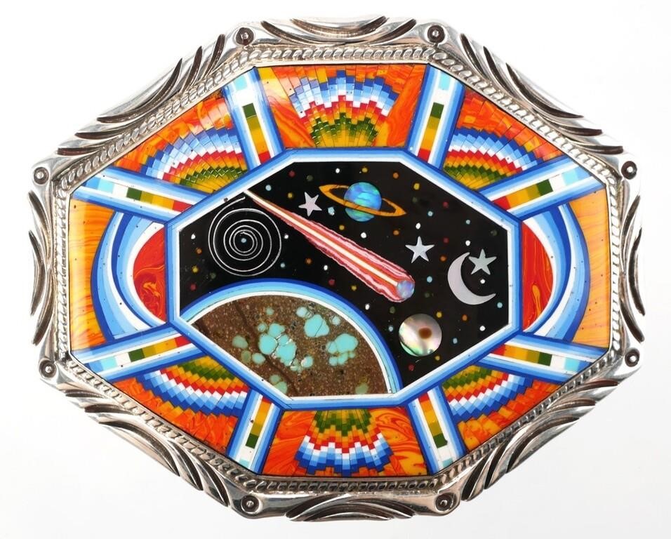 Appraisal: Native American style sterling silver belt buckle featuring a cosmic