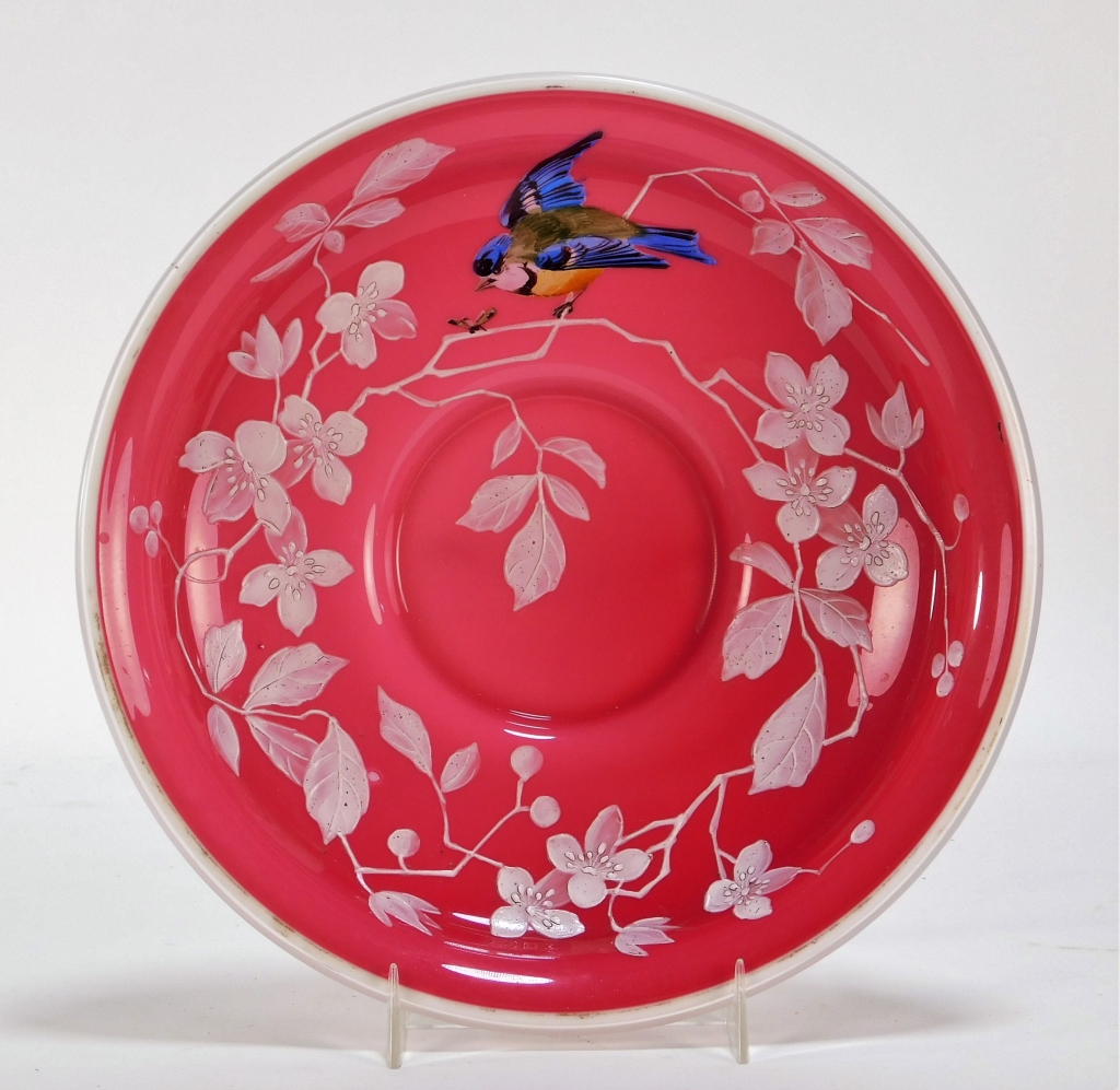 Appraisal: ATTRIB THOMAS WEBB PEACHBLOW ENAMEL BIRD BOWL England - With